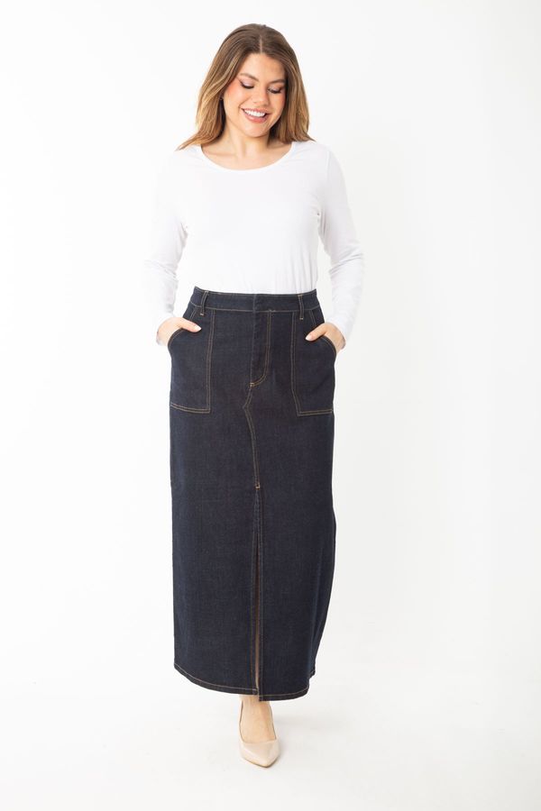 Şans Şans Women's Plus Size Navy Blue Front Slit Denim Skirt
