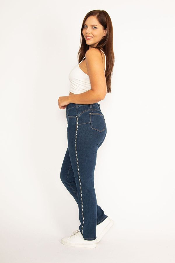 Şans Şans Women's Plus Size Navy Blue Jeans with Elastic Side Belt, Stone Detail, Lycra 5 Pockets,