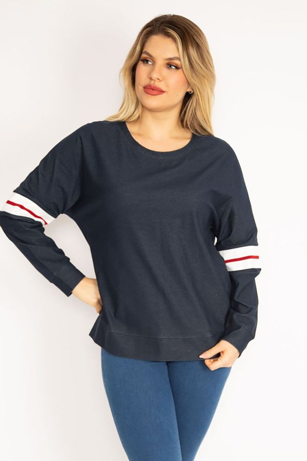 Şans Şans Women's Plus Size Navy Blue Sleeve Striped Detail Sweatshirt