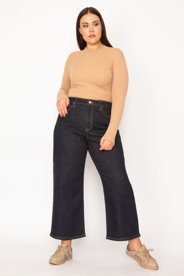 Şans Şans Women's Plus Size Navy Blue Wide Leg High Waist 5 Pocket Lycra Jeans