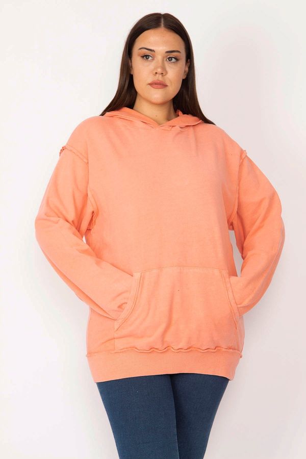 Şans Şans Women's Plus Size Orange Hooded Kangaroo Pocket Sweatshirt