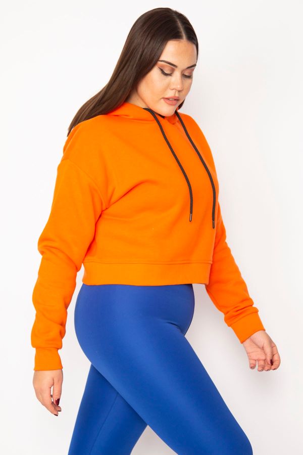 Şans Şans Women's Plus Size Orange Inner Raised 3 Thread Fabric Hooded Sweatshirt