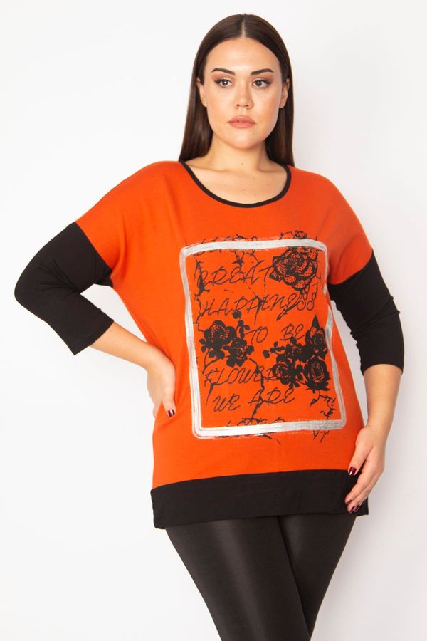 Şans Şans Women's Plus Size Orange Two-tone Tunic with Print And Stone Detailed On The Front