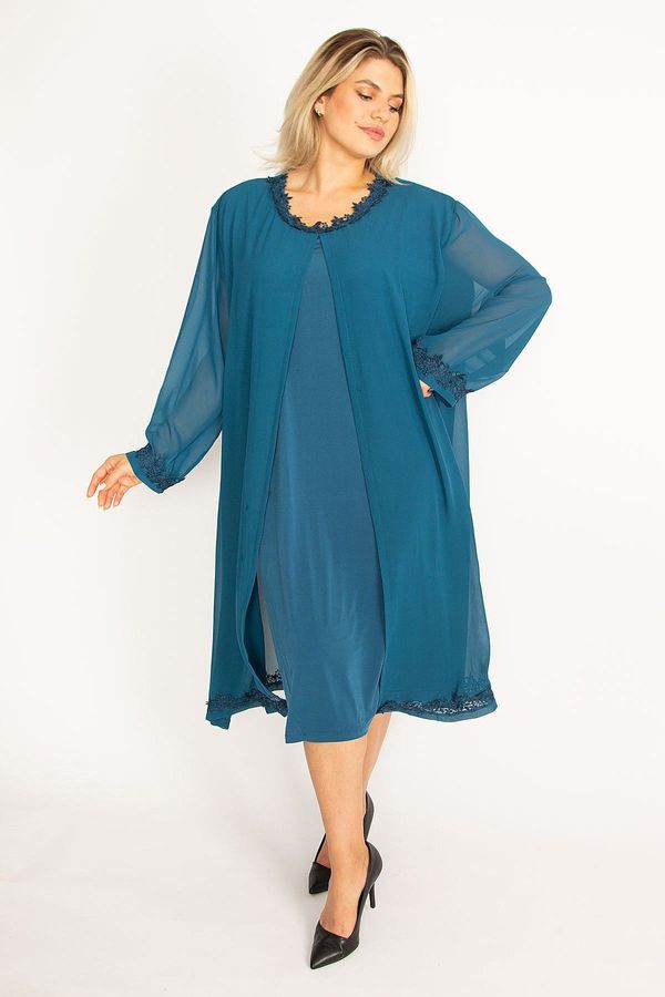 Şans Şans Women's Plus Size Petrol Chiffon Evening Dress with Cape and Lace Detail