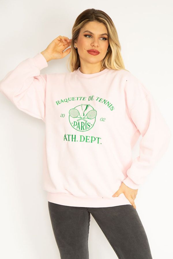Şans Şans Women's Plus Size Pink 3 Thread Inner Raising Fleece Embroidered Sweatshirt