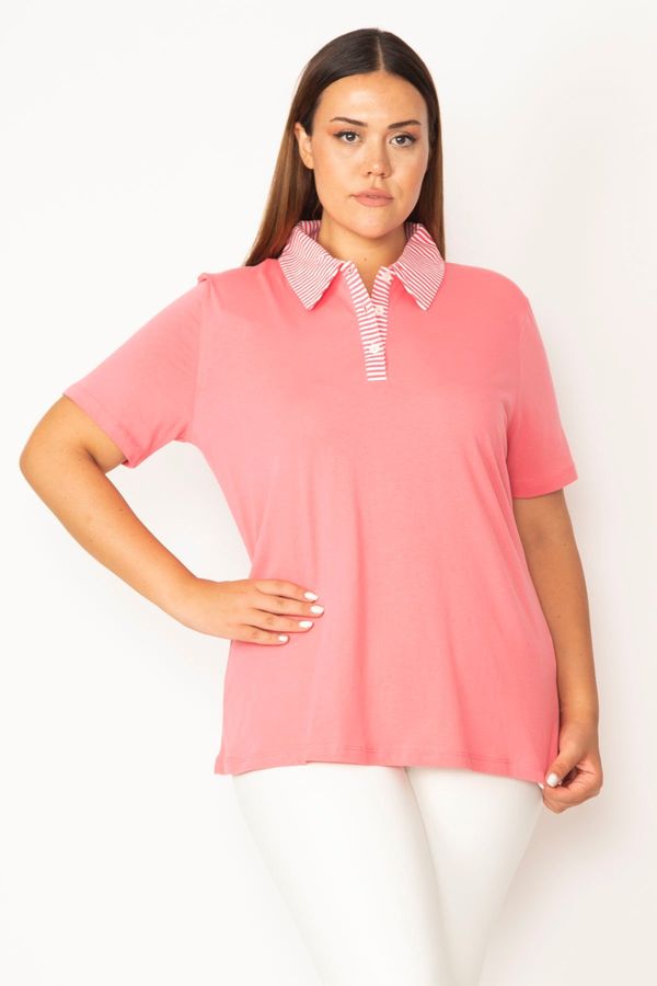 Şans Şans Women's Plus Size Pink Cotton Fabric Polo Neck Front Pat Buttoned Blouse