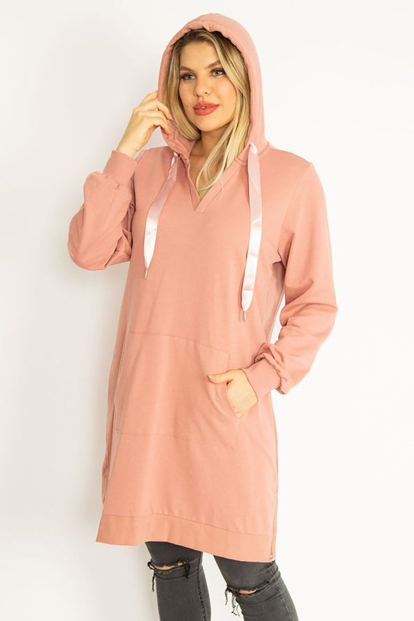 Şans Şans Women's Plus Size Pink Hooded Kangaroo Pocket Sweatshirt