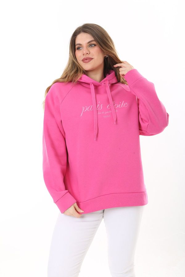 Şans Şans Women's Plus Size Pink Inner Raising 3 Thread Fabric Hooded Sweatshirt