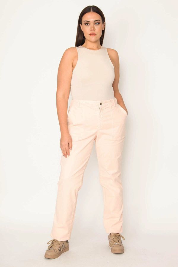 Şans Şans Women's Plus Size Pink Lycra Canvas Fabric Attached Pocket Detailed Trousers