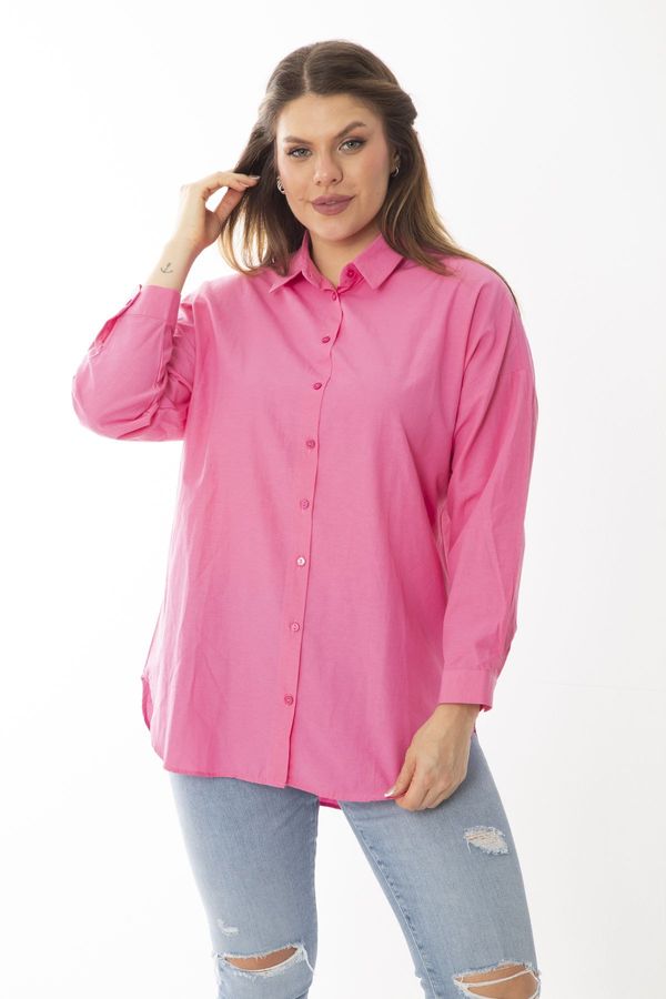Şans Şans Women's Plus Size Pink Shirt with Front Buttons and Long Sleeves