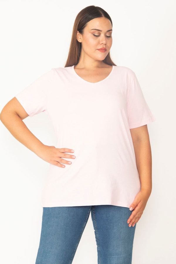 Şans Şans Women's Plus Size Pink V-Neck Oversize Basic T-Shirt