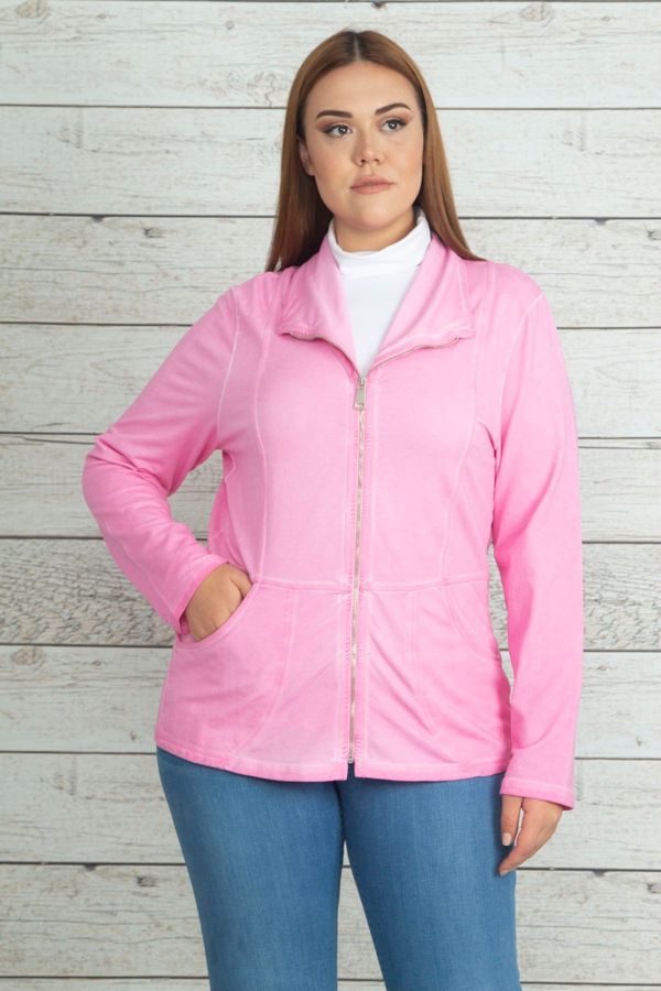Şans Şans Women's Plus Size Pink Wash Effect Front Zippered Pocket Unlined Sports Jacket