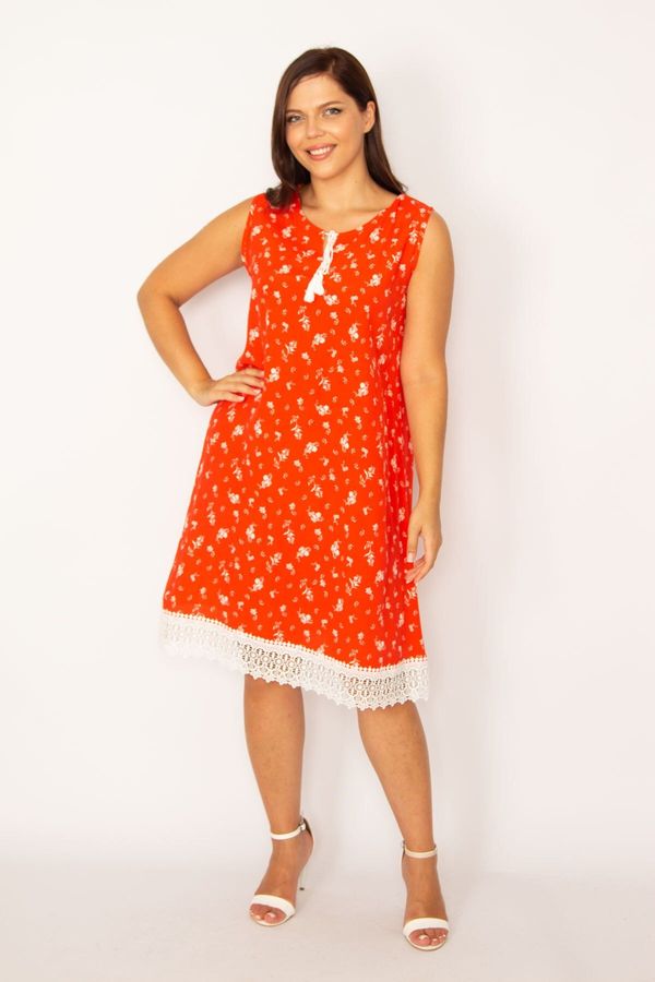 Şans Şans Women's Plus Size Pomegranate Skirt With Lace Detailed Dress