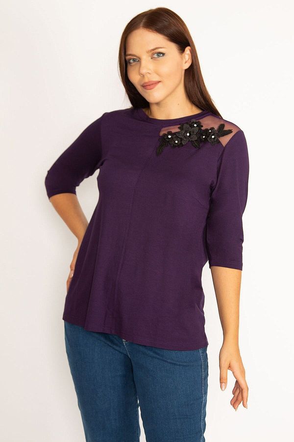 Şans Şans Women's Plus Size Purple Appliqued And Tulle Detailed Blouse