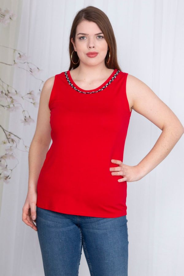 Şans Şans Women's Plus Size Red Collar Detailed Sleeveless Blouse