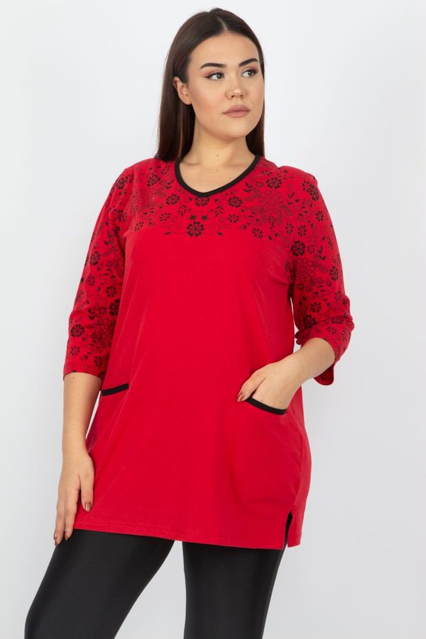 Şans Şans Women's Plus Size Red Cotton Blouse with Pocket Detail