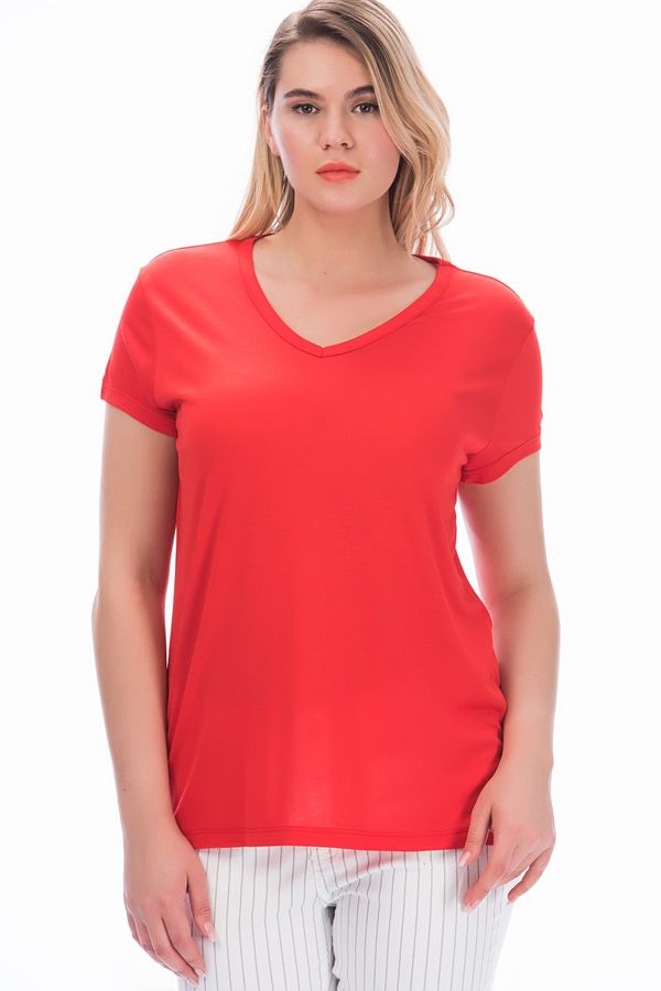 Şans Şans Women's Plus Size Red Cotton Fabric V-Neck Blouse