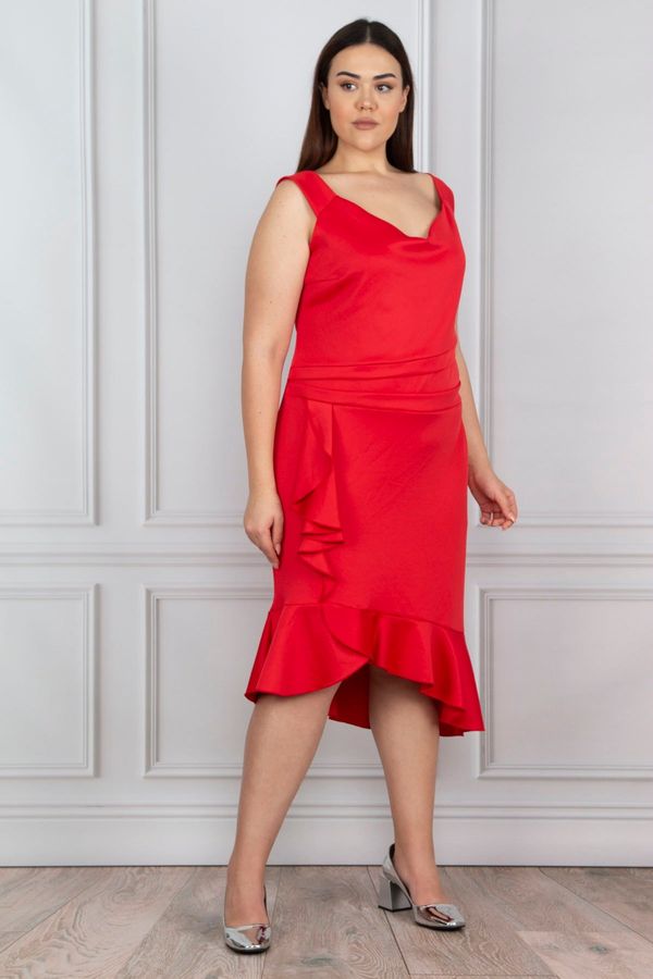 Şans Şans Women's Plus Size Red Ruffled Dress with Waist Detail