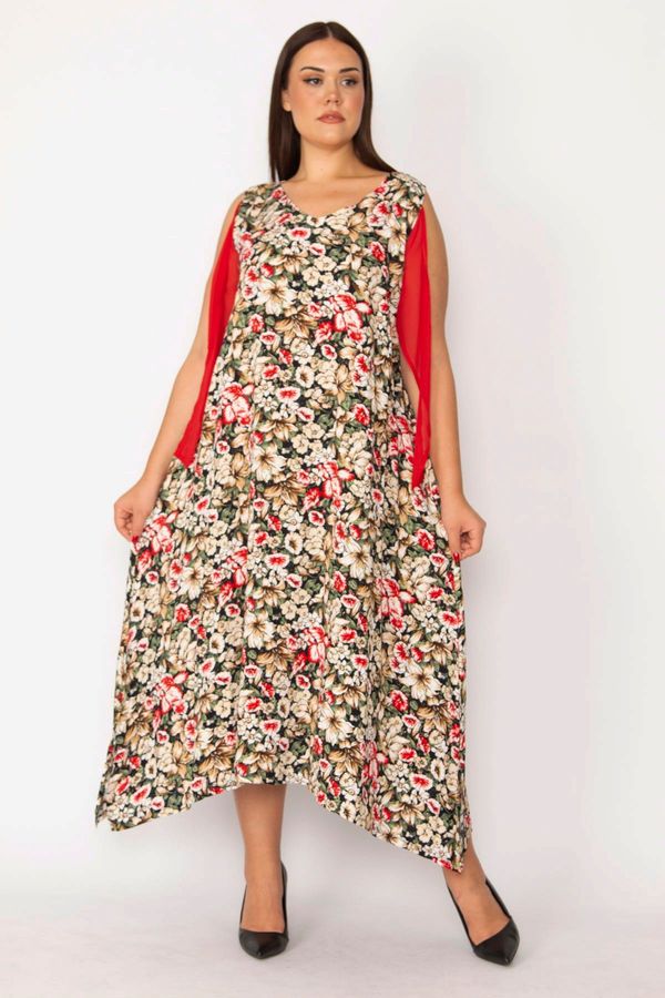 Şans Şans Women's Plus Size Red Sleeve Detailed Floral Patterned Dress