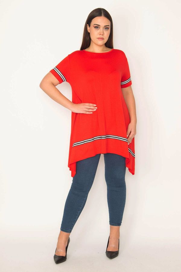 Şans Şans Women's Plus Size Red Stripe Detailed Asymmetrical Tunic