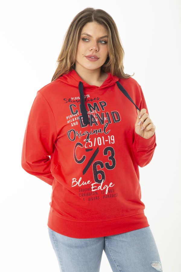 Şans Şans Women's Plus Size Red Two Thread Front Printed Hooded Sweatshirt