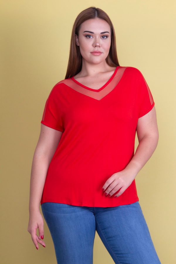 Şans Şans Women's Plus Size Red Viscose Blouse With Collar And Sleeves And Tulle Detail