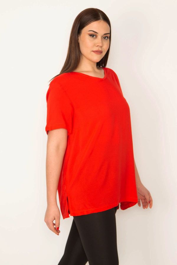 Şans Şans Women's Plus Size Red Woven Viscose Fabric V-Neck Side Slit Blouse