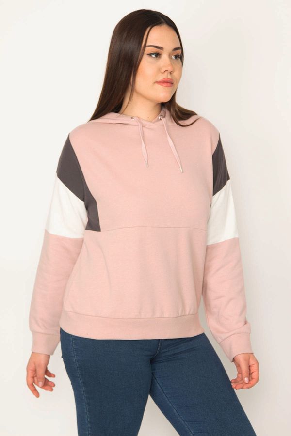 Şans Şans Women's Plus Size Rose Pink Color Detailed Hooded Sweatshirt