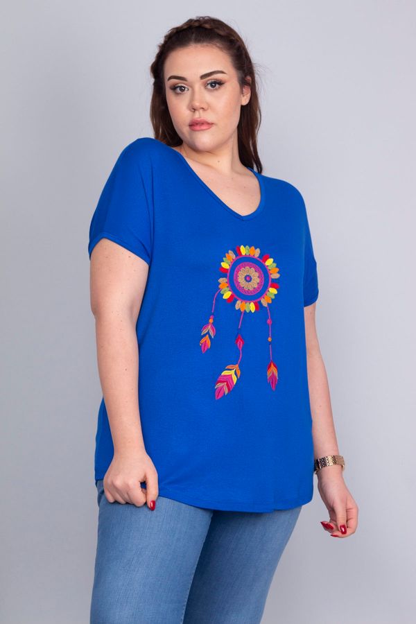 Şans Şans Women's Plus Size Saxe Blue Embroidery Detail V-Neck Low Sleeve Blouse
