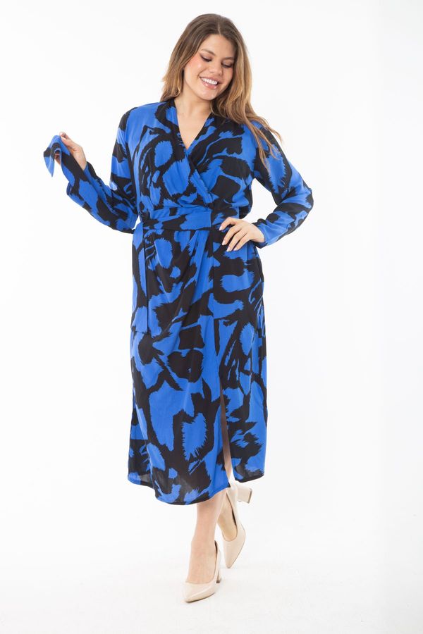 Şans Şans Women's Plus Size Saxe Blue Woven Viscose Fabric Wrapped Collar Front Slit Dress