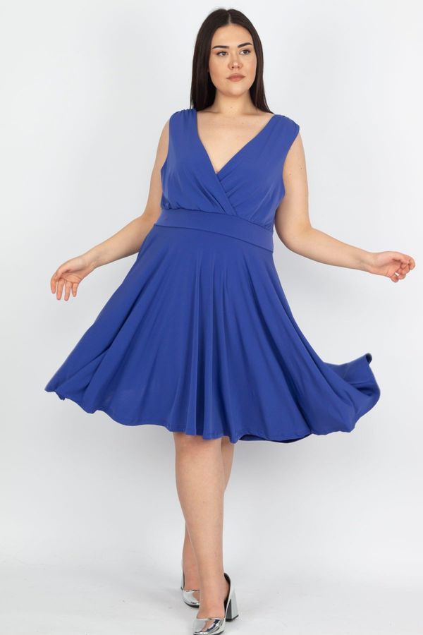 Şans Şans Women's Plus Size Saxe Blue Wrap Neck Back Waist Elastic Detailed Dress