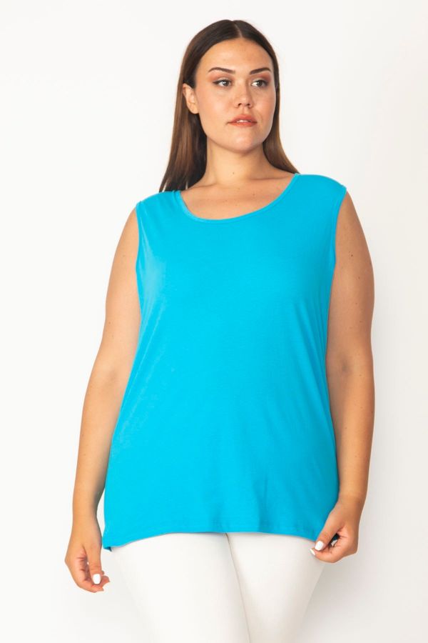 Şans Şans Women's Plus Size Turquoise Cotton Fabric Crewneck Tank Top
