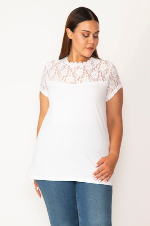 Şans Şans Women's Plus Size White Blouse With Lace Front Robe And Sleeves