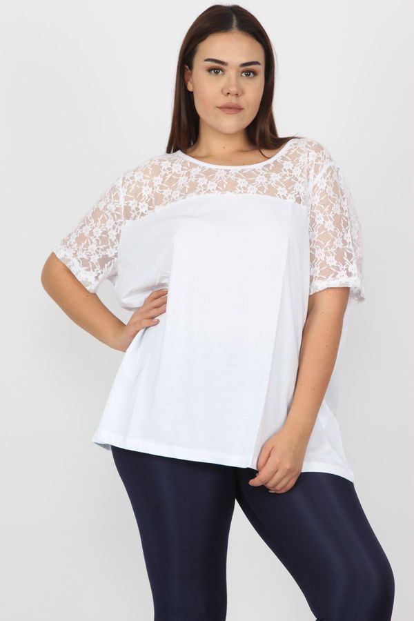 Şans Şans Women's Plus Size White Cotton Blouse with Lace Detail