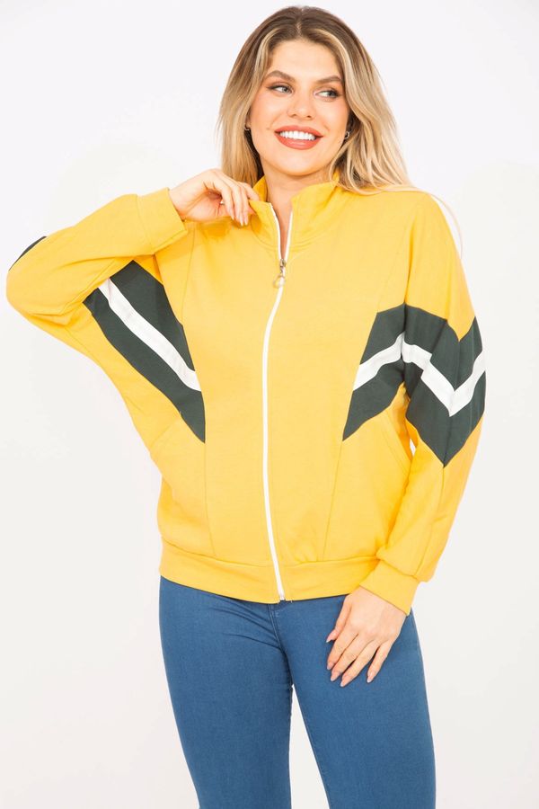 Şans Şans Women's Plus Size Yellow 2 Thread Fabric Front Zipper And Stripe Detailed Sweatshirt