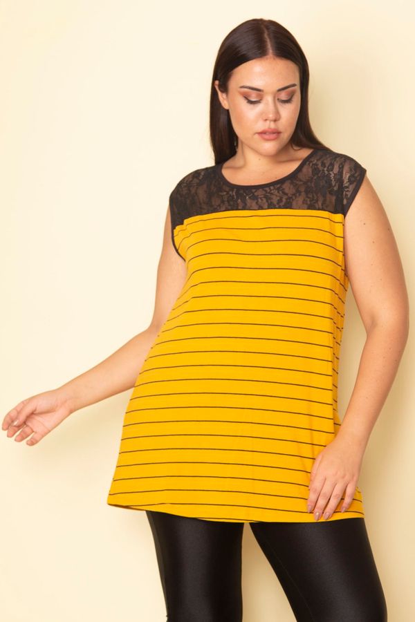Şans Şans Women's Plus Size Yellow Robe Lace Striped Blouse