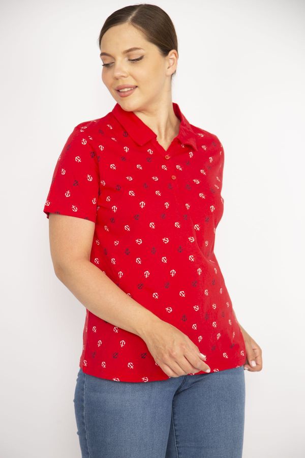 Şans Şans Women's Red Plus Size Cotton Fabric Marine Pattern Front Paw Ornamental Buttoned Short Sleeve Blouse