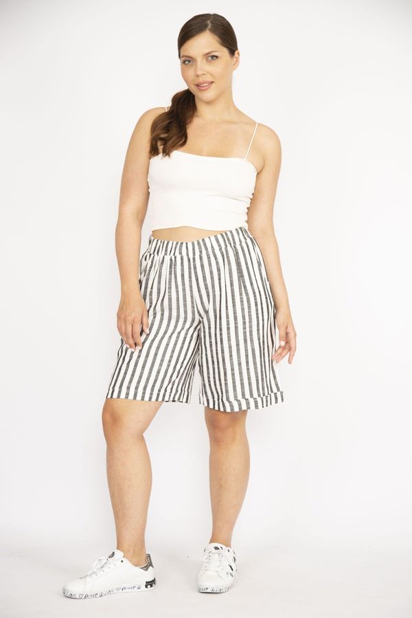 Şans Şans Women's Smoked Large Size Striped Linen Woven Fabric Shorts with Elastic Waist Pockets
