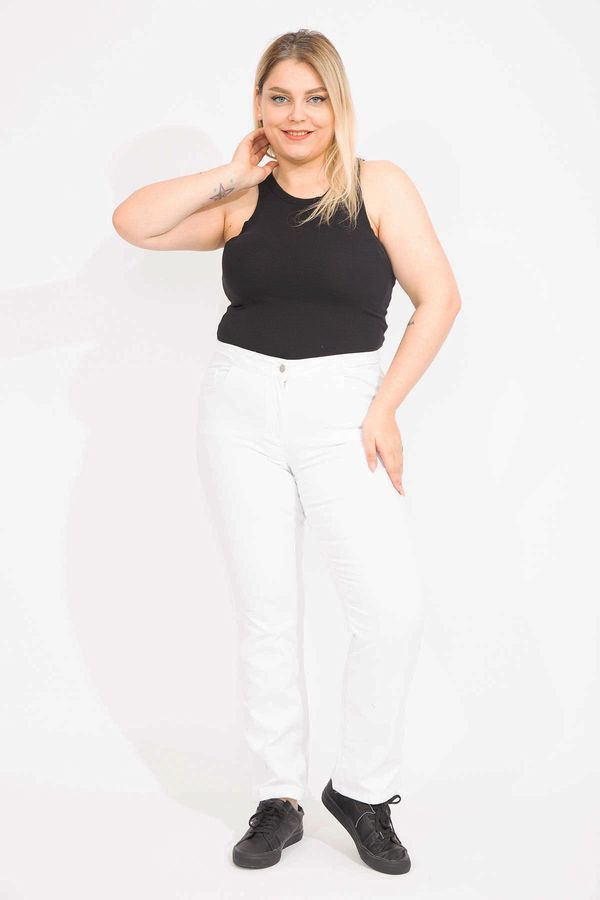 Şans Şans Women's White Large Size Belt Braided Lycra 5 Pocket Jeans