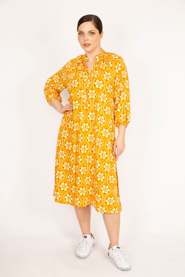 Şans Şans Women's Yellow Plus Size Front Pat Buttoned Woven Viscose Fabric Dress