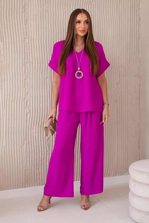 Kesi Set with necklace blouse + trousers dark purple