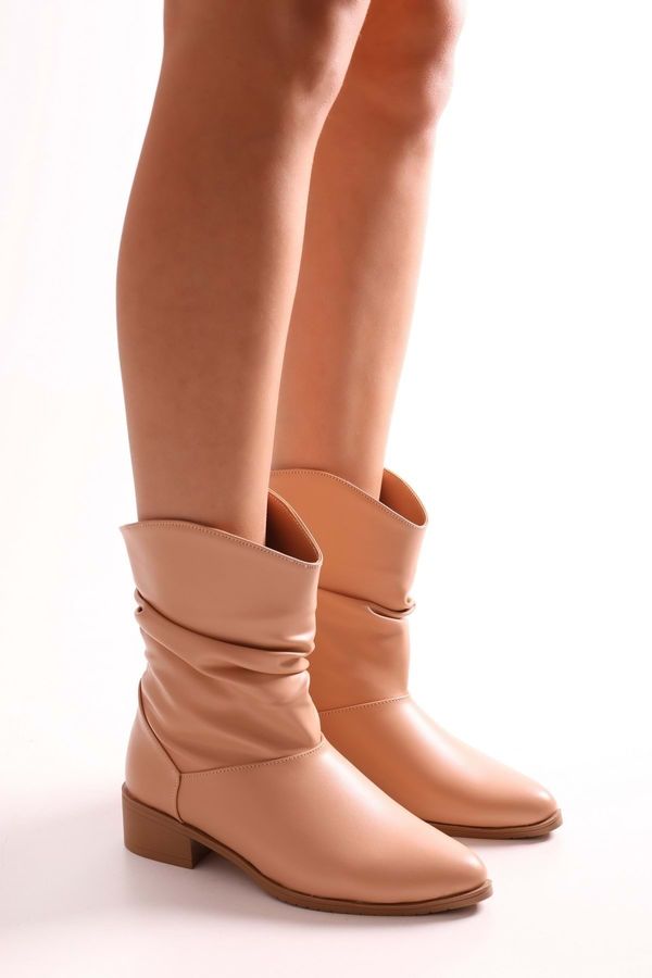 Shoeberry Shoeberry Women's Archie Nude Leather Gadgets Flat Heel Boots, Nude Skin.