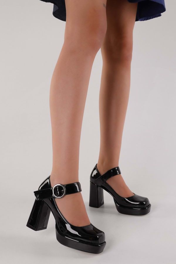 Shoeberry Shoeberry Women's Jane Black Patent Leather Buckled Platform Heel Shoes Black Patent Leather