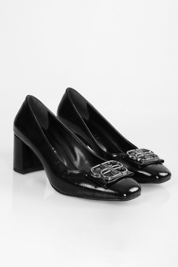 Shoeberry Shoeberry Women's Letizia Black Patent Leather Buckled Heel Shoes