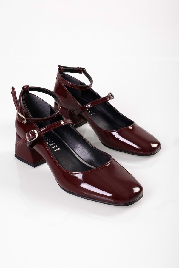 Shoeberry Shoeberry Women's Linnie Burgundy Patent Leather Thick Heeled Shoes