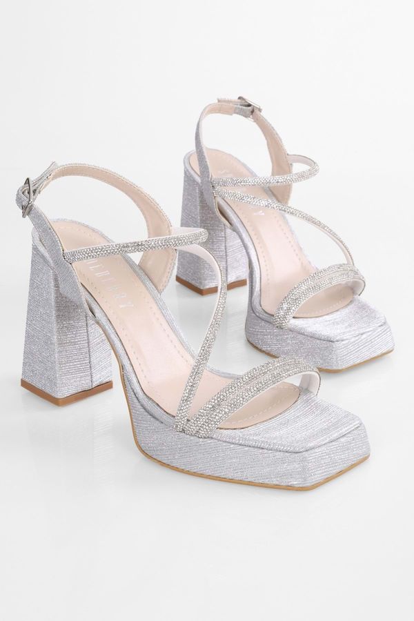 Shoeberry Shoeberry Women's Luca Silver Glittered Stone Platform Heeled Shoes