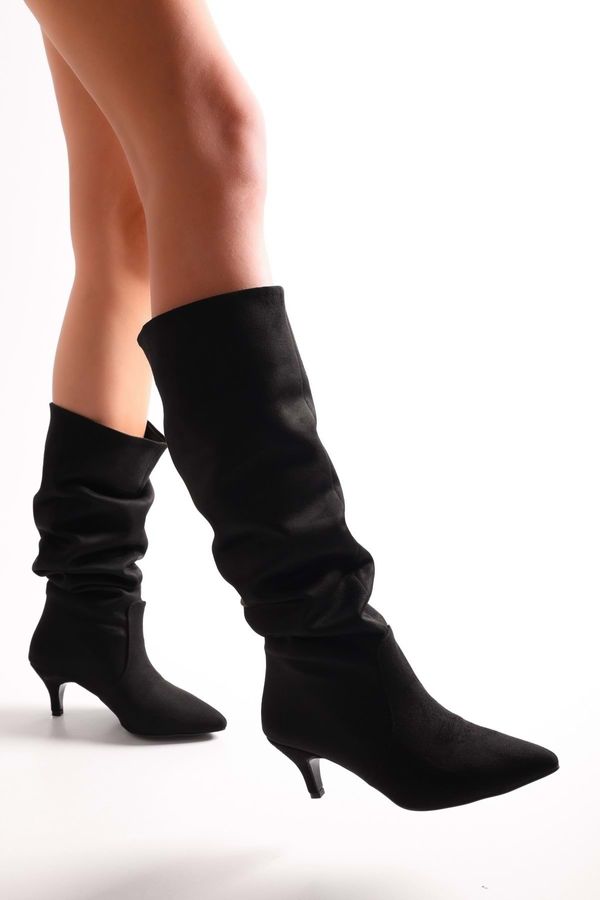 Shoeberry Shoeberry Women's Pia Black Suede Gapped Heeled Boots Black Suede