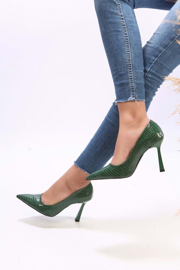 Shoeberry Shoeberry Women's Plexi Green Crocodile Patent Leather Heeled Shoes Stiletto
