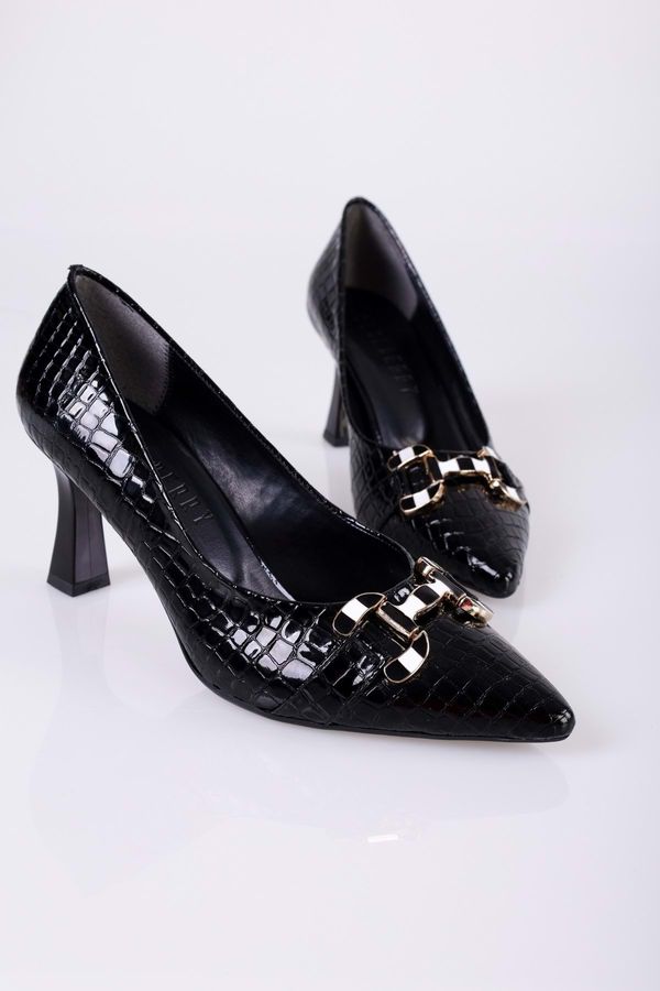 Shoeberry Shoeberry Women's Sadie Black Crocodile Patent Leather Heeled Shoes Stiletto