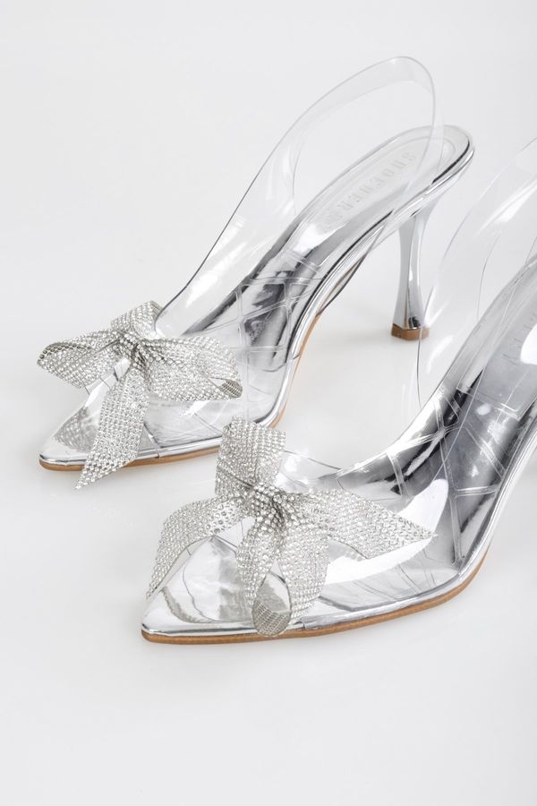 Shoeberry Shoeberry Women's Starla Silver Stone Bow Sheer Heel Shoes